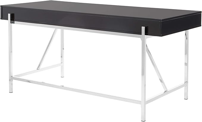 OSP Home Furnishings Broadway Modern Executive Desk with 3 Drawers and Charging Station Black Gloss Finish with Chrome Frame