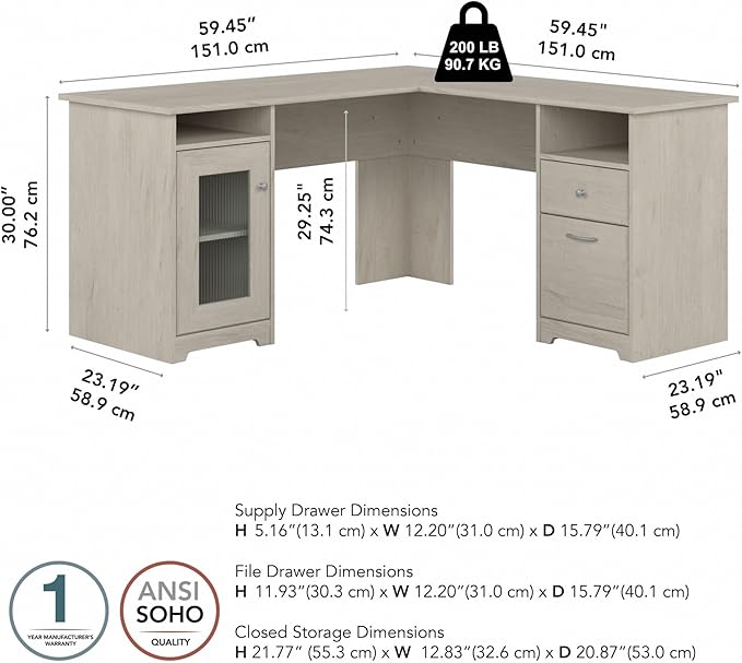 Bush Home Cabot 60W L Shaped Computer Desk with Storage in Linen White Oak 60-inch Corner Table with Drawers for Home Office Workspace