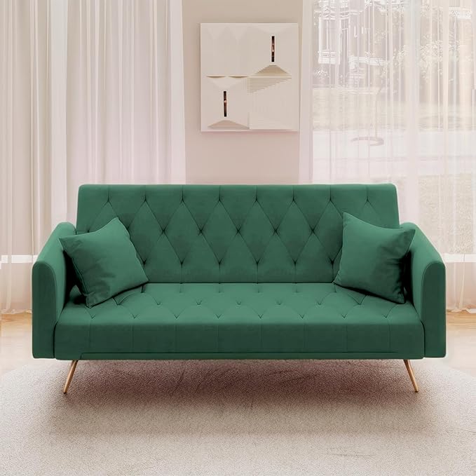 72Modern Velvet Sofa Bed FutonConvertible Folding Sleeper Bed Couches with 3 Adjustable BackrestsTufted Recliner Love Seat with Golden Chrome Legs for Living Room Apartment Office (Green+pillows)