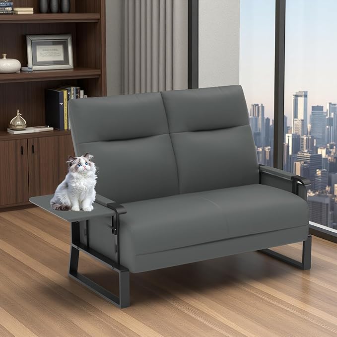 Faux Leather Loveseat Couch for Living Room Small Sofa 2 Seater Couch with Flip Up Tray Table Side Pockets Leather Loveseats (2-Seater)