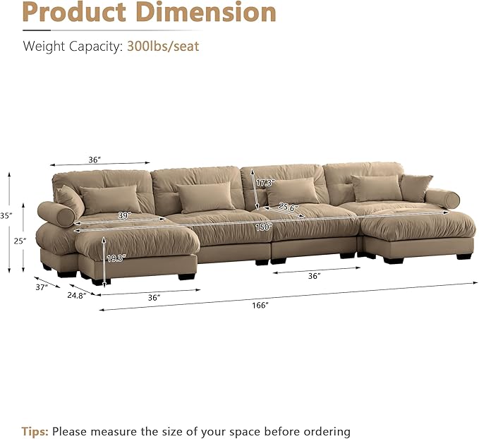 Setawix Modular Sectional Sofa Couch Oversized 6-Seats Comfy U-Shaped Couches with Ottoman Chaise Modern Deep Seat Velvet Cloud Sofa Bed for Living Room(Camel)