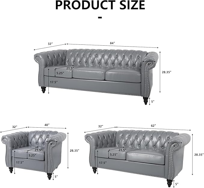 2 Piece Living Room Sofa Set 3 Seater Faux Leather Sofa Couch and Chair Set Mid Century Modern Upholstered Couch with Cushions Vintage Comfy Tufted Chesterfield Couches for Bedroom Office (Grey)