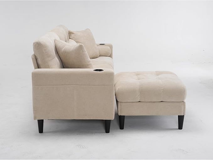 77 Beige L-Shaped Sofa with Storage Footrest Chenille Sofa with 2 Cup Holders and Charging Station for Small Spaces Comfortable Cloud Area 3 Sofa (Beige)