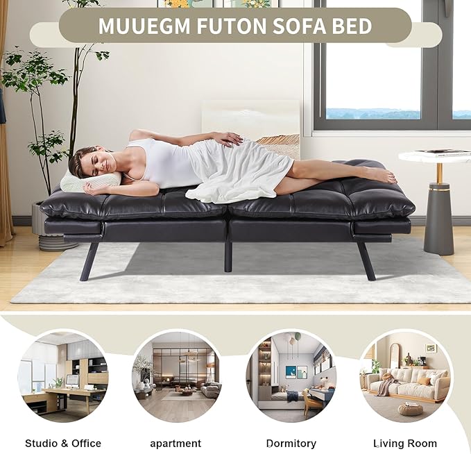 MUUEGM 71 Futon Couch Filled with Memory Foam Convertible Futon Sofa Bed with Adjustable Backrest Armrest Folding for Living Room Small Space Loveseat for Sleeper(Leather Black)