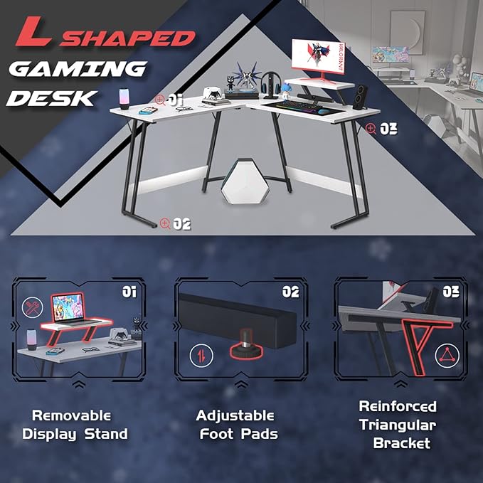 Homall L Shaped Gaming Desk Computer Corner Desk PC Gaming Desk Table with Large Monitor Riser Stand for Home Office Sturdy Writing Workstation (Classical White 51 Inch)