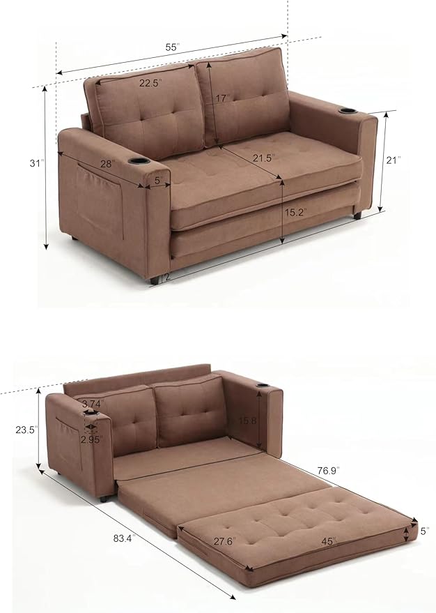 Futon Sofa Bed Convertible Folding Futon Breathable Small Couch Adjustable Pull Out Chaise Lounge for Compact Living Studio in Living Room and Bedroom Offices Loveseat (Brown)