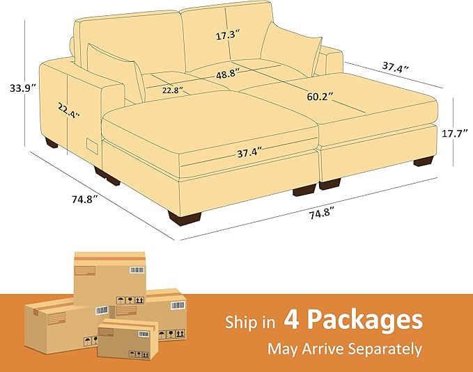 VANOMi Large Modular Sectional Sofa Oversized Couch with Charging Station Cloud Couch Deep Seat Sofa with Thick Cushion Convertible Sectional Couches for Living Room Office Apartment