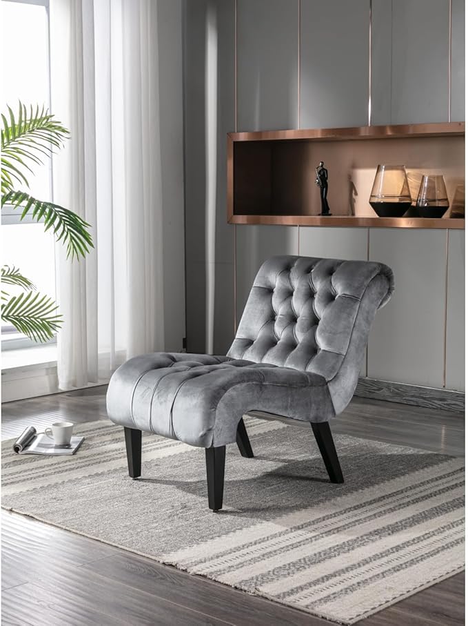 Modern Velvet Armless Accent Chair with Wooden Legs for Living Room Bedroom Office (Silver Velvet)