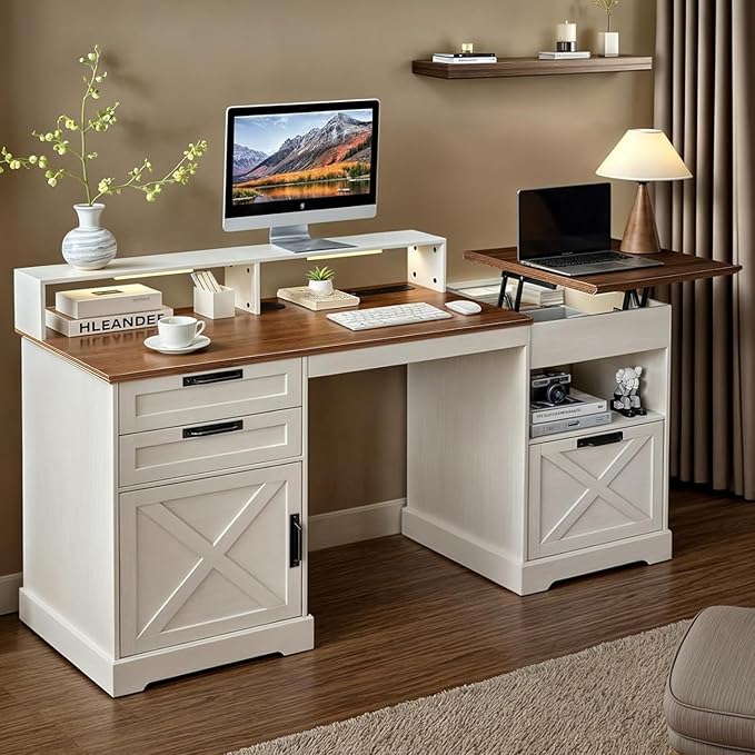 63 Executive Desk Home Office Desk with Lift Top Farmhouse Gaming Desk with File Drawer Charging Station Sensor Lights Wood Computer Table with Monitor Stand (White)