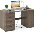 Giantex Computer Desk with Drawers 53 Inch Home Office Desk with Charging Stations Storage Cabinet &amp 5-Level Adjustable Shelf Makeup Vanity Table Writing Desk Modern Executive Desk Grey Oak