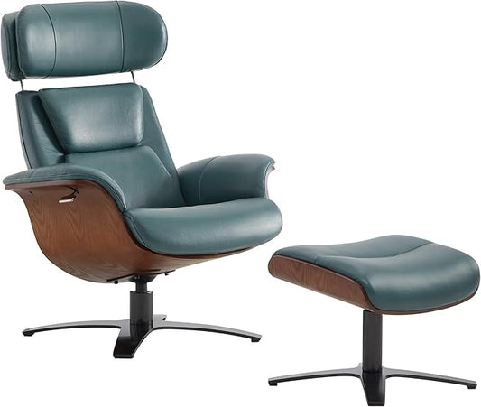 CHITA Genuine Leather Reclining Swivel Chair with Adjustable Headrest and Ottoman for Living Room Teal