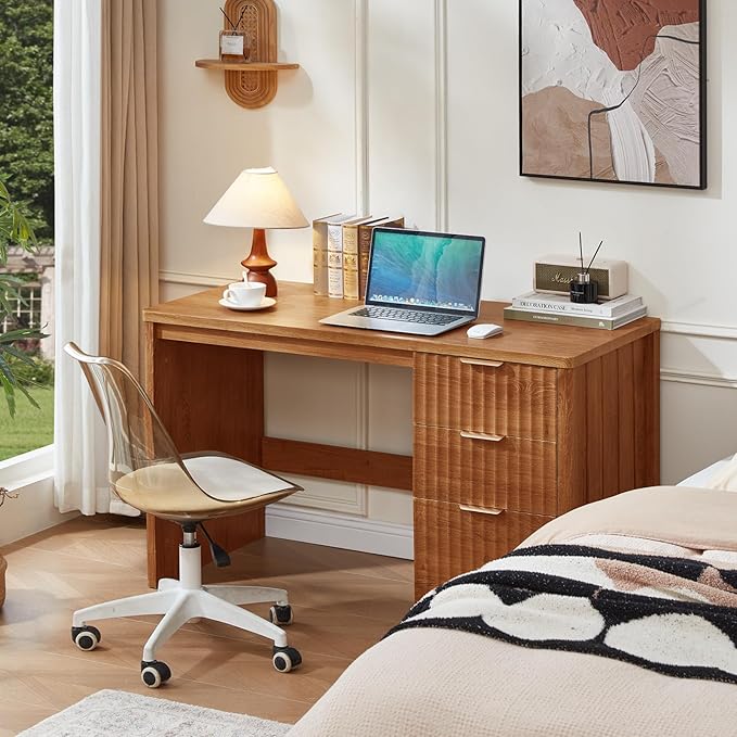 LEYAOYAO Office Desk 48 with 3 Drawers Storage File Cabinet Wood Fluted Desk for Computer Office Bedroom Home Furniture Tea Brown