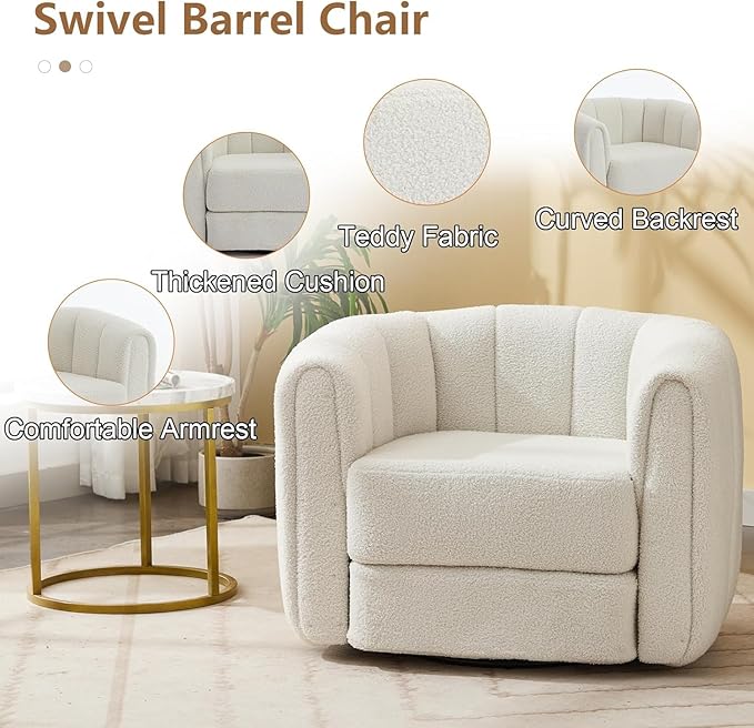 Swivel Accent Chairs for Living Room Teddy Fabric 360 Degree Round Swivel Barrel Armchair Pumpkin Shaped Single Club Sofa Recliner Chairs for Home Bedroom Apartment Office (Beige)