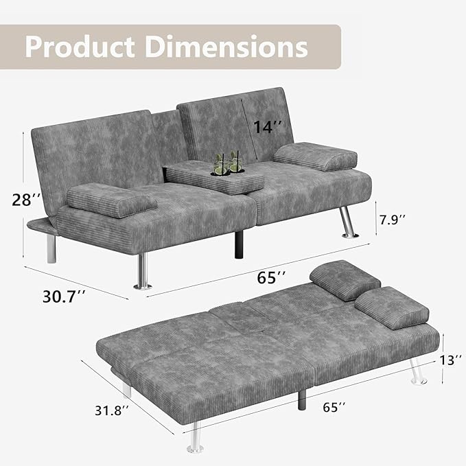 Flamaker Futon Sofa Bed Modern Folding Futon Set Convertible Recliner Lounge for Living Room with 2 Cup Holders Removable Armrests (Corduroy Marble Grey)