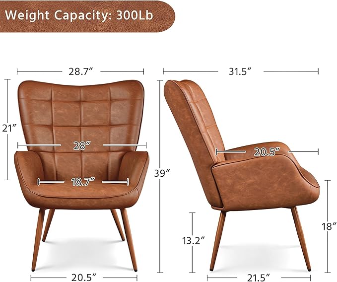 Yaheetech Accent Chairs Large PU Leather High-Back Chair w/Metal Legs Pottery Barn Style Living Room Chairs for Bedroom/Home Office Brown Set of 2