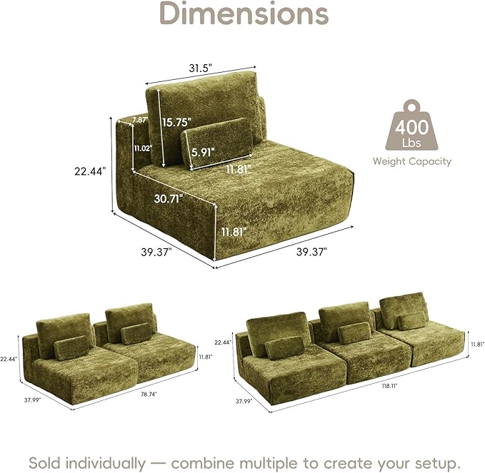Modular Sectional Sofa 3-Piece Green Plush Velvet Couch Loveseat No-Assembly Compressed Deep-Seat 3-Seat for Living Rooms Family Spaces Reading Nooks