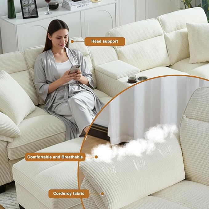 117 Inch Sofa CouchSectional Couches for Living Room with 2 Cup HoldersCorduroy Modular Sectional Sofa with Movable and Storable Ottoman.（Beige）