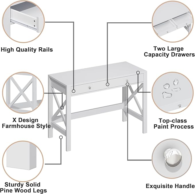 ChooChoo Computer Desk Study for Home Office Modern Simple 40 Inches Desk with Drawers Makeup Vanity Console Table White
