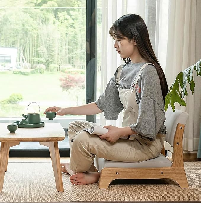 Damedai Japanese Floor Chair Tatami Zaisu Legless Chair Back Support Great for Reading Meditating Living Room Balcony (Grey with Leathaire)