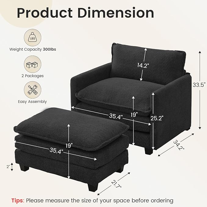 ROWHY Convertible Sectional Couch with Ottoman Single Armchair with armrests Modern Living Room Furniture Set Small Couches for Small Spaces for Living Room Chenille Black