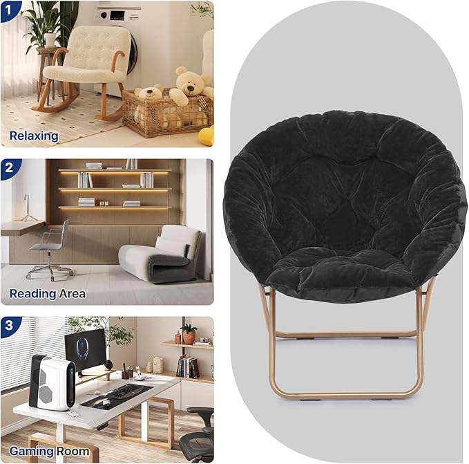 Round Saucer Chair for Teens and Adults Faux Fur Folding Living Room Cozy Moon Chairs Set of 2 (Black)