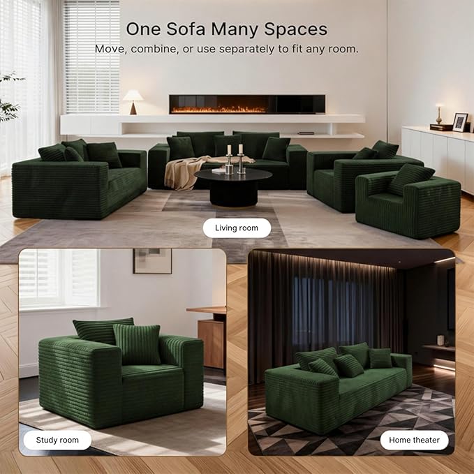 2-Seater Deep-Seat Corduroy Lounge Sleeper Sofa No Assembly Frameless Foam Cloud Couch Comfy Plush Double Seater for Living Room Bedroom Apartment Dorm Office（Green）