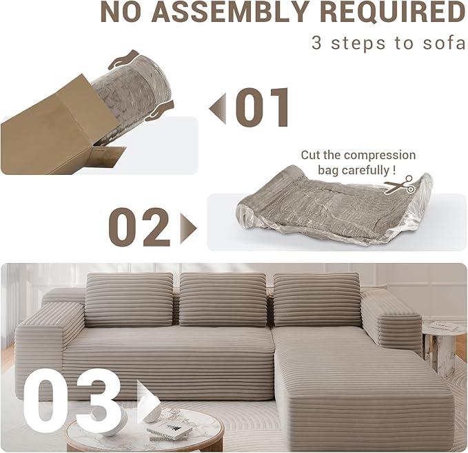 105 Cloud Sectional Couch with L-Shape Chaise Modular Deep Seat Sofa No Assembly Required Upholstered Couches for Living Room Bedroom (Gray Plush Corduroy Right Facing Chaise)