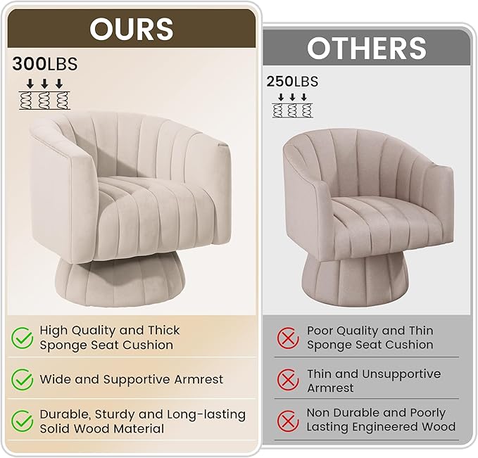 Kromax Swivel Accent Chair with Armrest Mid Century 360 Degree Swivel Barrel Chair Overstuffed Tufted Velvet Ideal for Living Room Bedroom Reading Room Beige