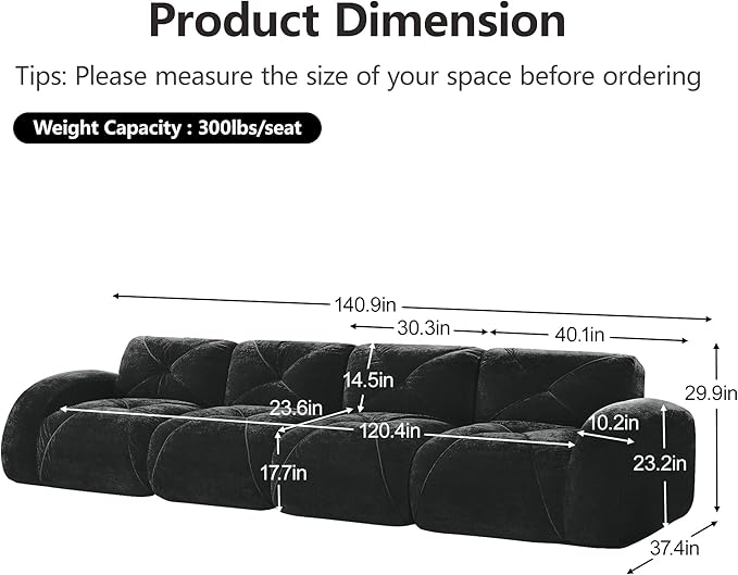 KEIKI 141 Velvet Modular Sectional Sofa with High-Density Foam Cushion &amp 4 Pillow Upholstered Oversized Compressed Boneless Tufted 4-Seater Couch No Assembly Required for Living Room Black