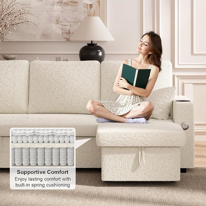 Sleeper Sofa Bed 4-in-1 Pull Out Couch with Reversible Chaise | Dual USB &amp Type-C Charging | Dual Cup Holders | Layered Storage (Armrest + Chaise) for Living Room Apartment Home Office (White)