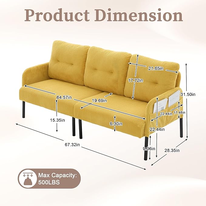 KEIKI 67 Corduroy Loveseat Sofa with Double Side Pockets &amp High Resilience Cushion Modern Style Upholstery Oversized 2-Seater Couch with Metal Legs Easy Assembly for Living Room Yellow