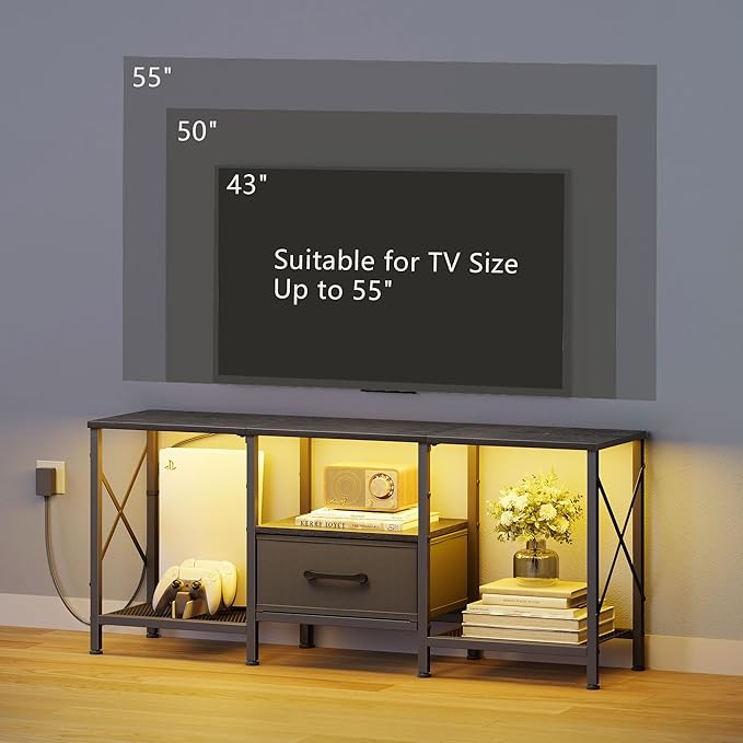 LED TV Stand with Fabric Drawer Entertainment Center for 50 55 Inch TV Industrial TV Console Table with Open Storage Shelves for Living Room Bedroom Black