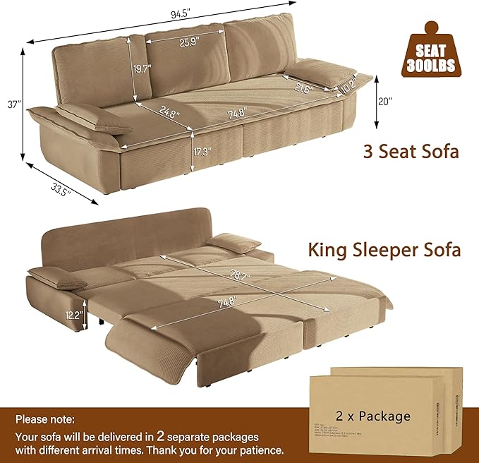 94.5 Pull Out Couch King Size Futon Sofa Bed 3-in-1 Convertible Sleeper Sofa Bed with Cushion Armrest Modern Corduroy Loveseat Couches for Living Room Small Space Apartment Camel