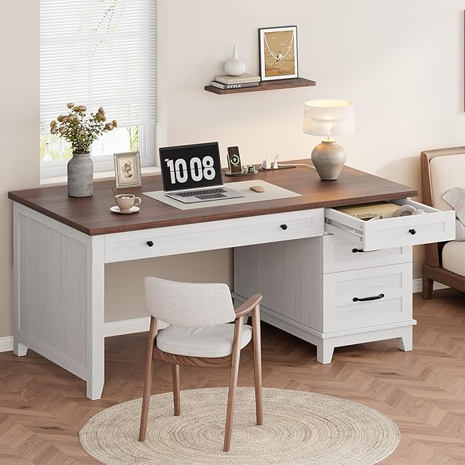 Farmhouse Home Office Desk with Power Outlets &amp USB Ports 53.5 Inch Writing Desk with Adjustable File Cabinet and Storage Drawers Executive Computer Desk for Study Workspace