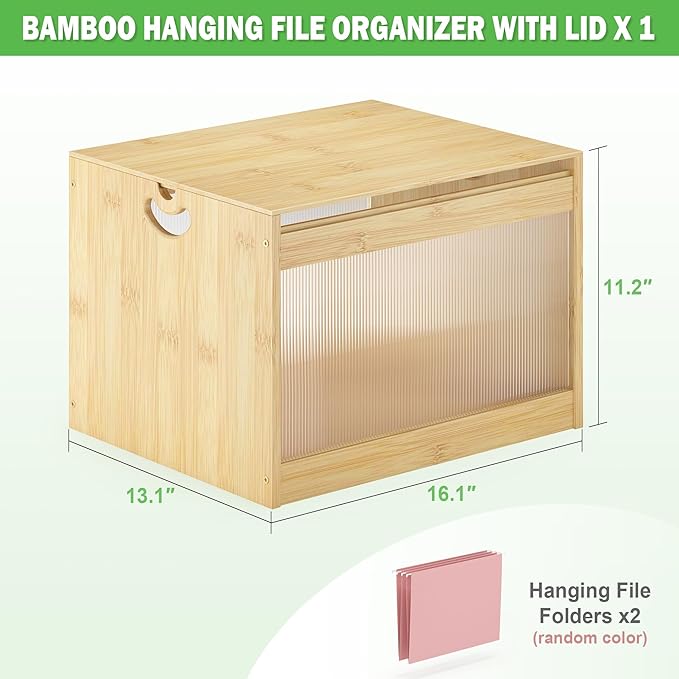 Hanging File Box Organizer for Letter Size Bamboo Acrylic File Folder Storage with Lid Clear Moving Boxes Wooden with Handle Desktop Wood Filing Holder for Office Banker Document Nature 1 Pack
