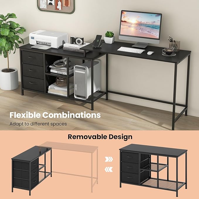 Giantex L Shaped Computer Desk with Drawers 81 Convertible Corner Desk with Charging Station and Storage Shelves Study Writing Desk Modern Long Corner Gaming Table for Home Office (Black)