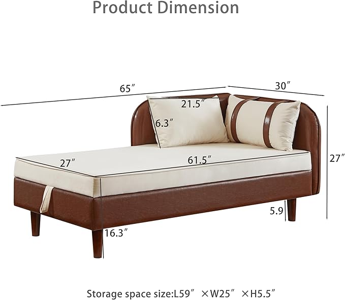 KEIKI PU Leather Chaise Lounge Chair Indoor Modern Leisure Sleeper Sofa Chair with Storage Accent Velvet Reading Couch Side Armchair Corner Arm Chairs for Living Room Bedroom Easy Assembly Brown