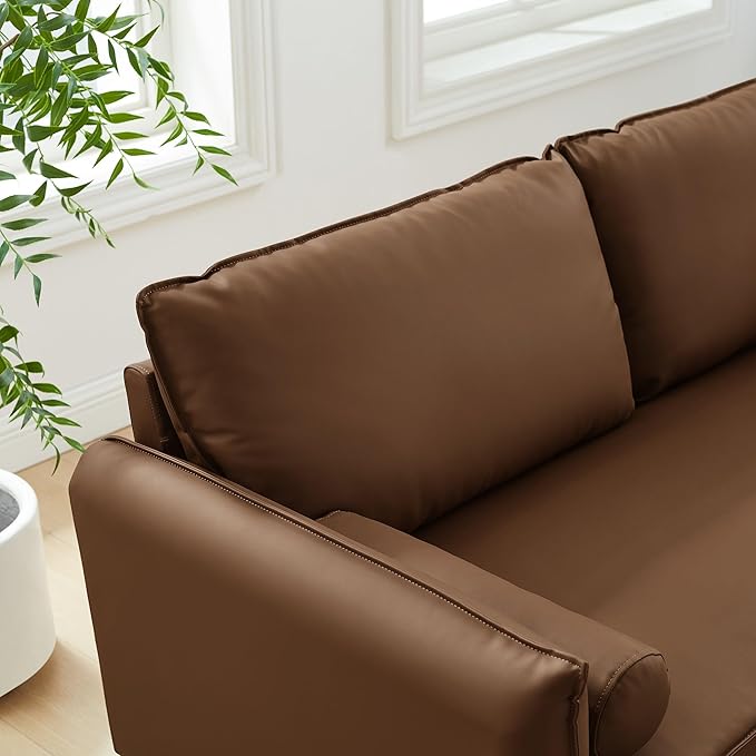 Modway Revive 72 Inch Faux Leather Sofa in Brown – 3 Seater PU Leather Couch with Cozy Wide Seats - Mid-Century Modern Upholstered Sofa for Living Room or Office