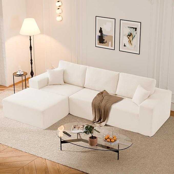 108 L-Shaped Boneless Couch High Seat Modular Sectional Sofa with Moveable Ottoman Corduroy Cloud Couches for Living Room No Assembly Ship in a Box White