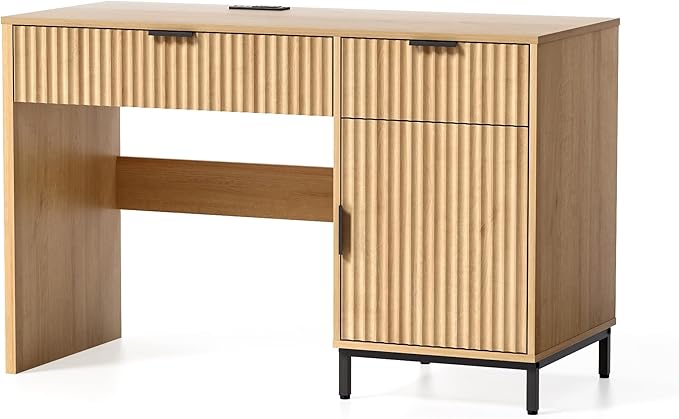 47 Executive Desk with Fluted Drawers Wooden Home Office Desk with Storage Cabinet Charging Station Metal Legs Modern Farmhouse Computer Desk for Work Study Natural Oak