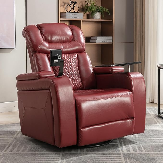 270 Degree Swivel Chair PU Leather Power Recliner Individual Seat with Comforable Backrest Tray Table Phone Holder Cup Holder USB Port Hidden Arm Storage for Living Room Home Theater Red