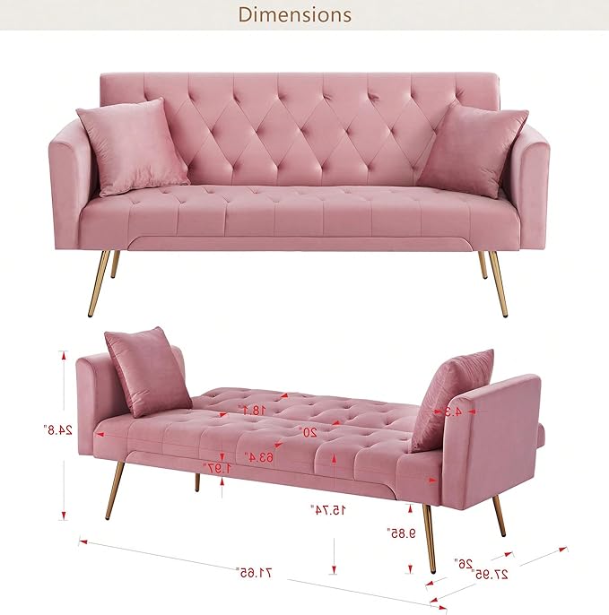 Anwick 72''Modern Velvet Sofa Bed FutonConvertible Folding Sleeper Couches with 3 Adjustable BackrestsTufted Recliner Love Seat Golden Chrome Legs for Living Room Apartment Office (Pink+pillows)