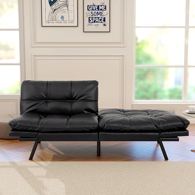 Opoiar Futon Sofa Bed Modern Memory Foam Sleeper Sofa Convertible Couch Adjustable Armrest&ampBackrest Black Matte Leather Futon for Living SpaceApartmentOffice Sofabed