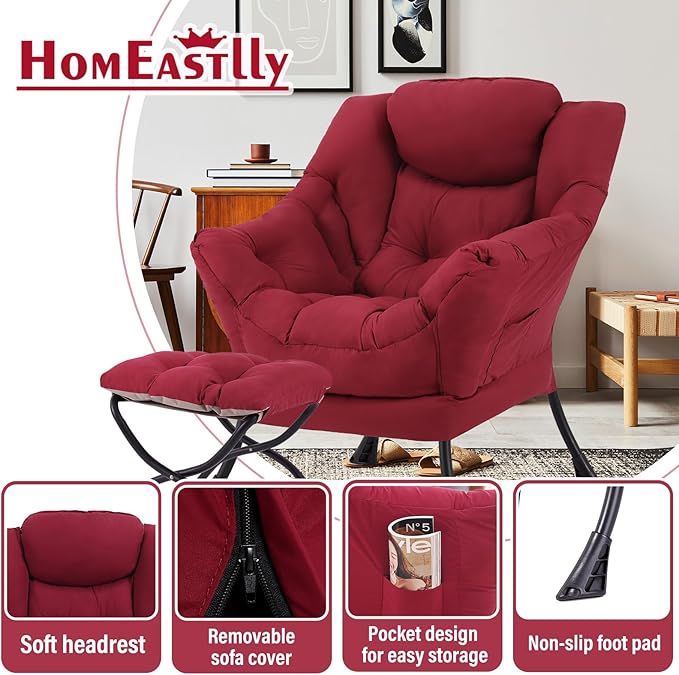Lazy Chair with Ottoman Large Burgundy Accent Chair with Ottoman Comfy Reading Armchair Leisure Sofa Chair for Living Room Bedroom Dorm Room Office