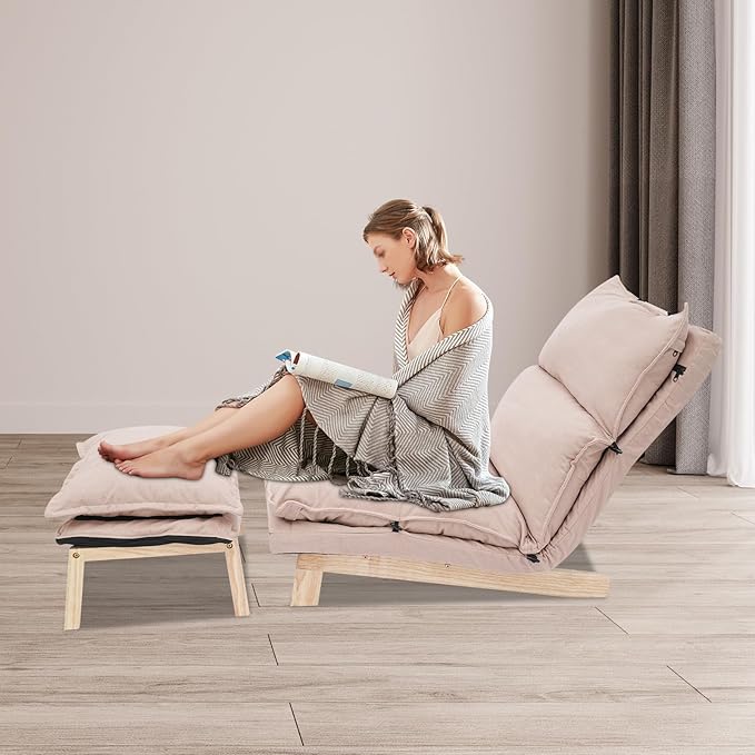 Single Lazy Leisure Chair Adjustable Recliner Balcony Reclining Japanese Tatami Chair with Ottoman Floor Seating Lounge Chair with Backrest and Footrest Upholstered Chair for Living Bedroom (Beige)