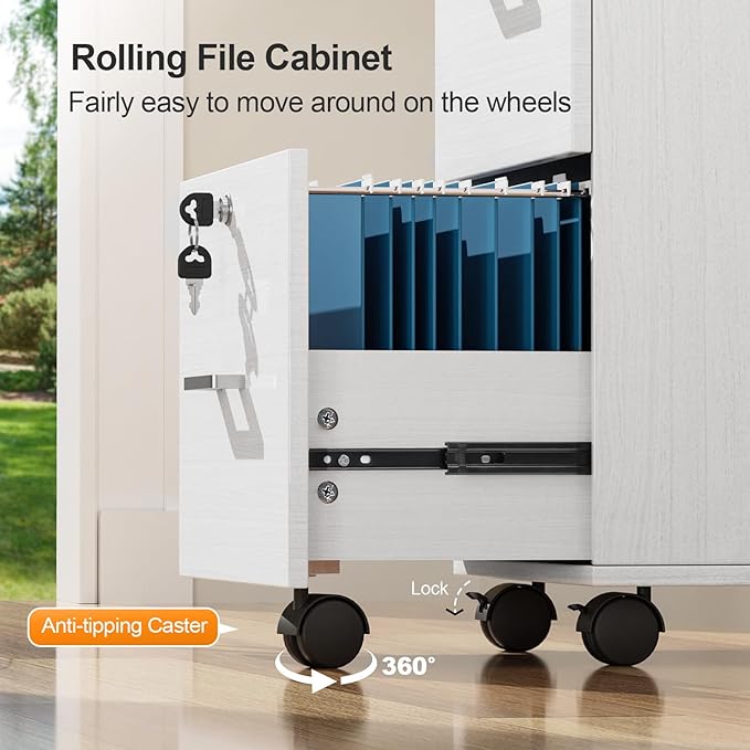 VINGLI 2 Drawer File Cabinet with Lock Wood Grain White File Cabinets for Letter Size File Folders with Tabs Mobile Under Desk Filing Cabinets for Home Office Rolling Filing Cabinet Printer Stand