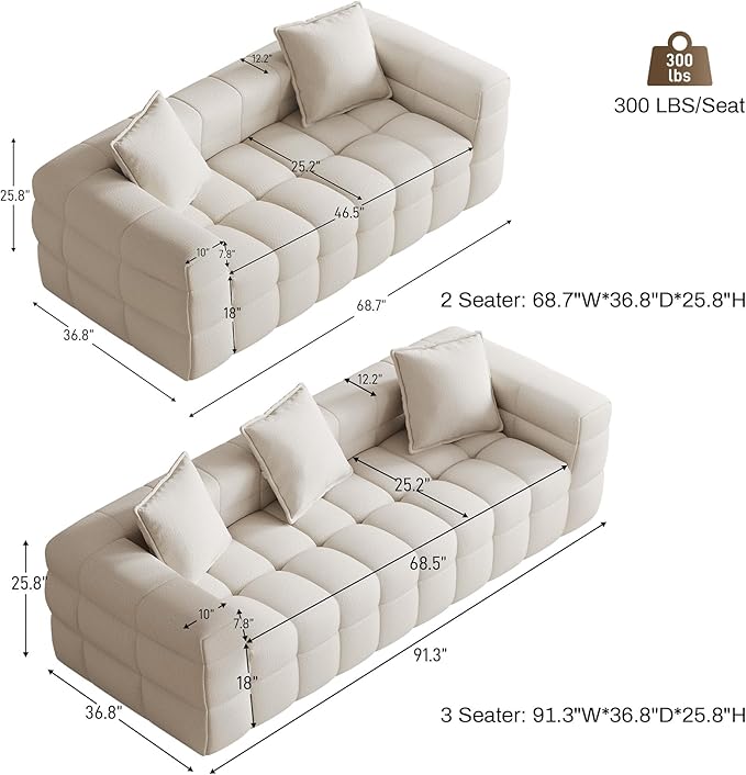 2 Piece Cloud Sofas Set Comfy Tufted Deep Seat 2 Seater Loveseat &amp 3 Seater Couch Sets Modern Chenille Compression Bubble Sofa for Living Room No Assembly Required Beige White