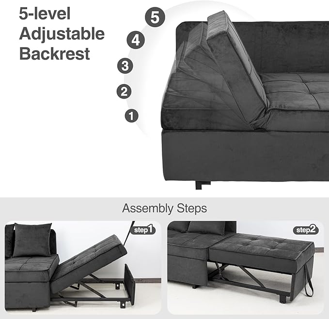 Sofa Bed 4-in-1 Convertible pull out Couch Velvet Love seat Couch Sleeper Chair Bed with 2 Throw Pillow Single Recliner with 5 Adjustable Backrests for Living Room Apartment Small Space Dark Grey