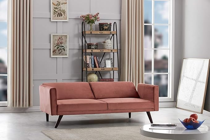 72 Retro Velvet Sofa Bed - Vintage Modern Convertible Futon w/Reclining Backrest - Velvet Upholstery on Solid Wood Frame (72 L x 34.6 W x 30.23 H) Rose
