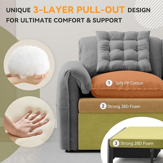 3-in-1 Convertible Sleeper Sofa Bed 62.9 W x 87 L Couch with Pull Out Bed with 6-Position BackrestHidden Storage &amp USB for Living RoomLight Grey